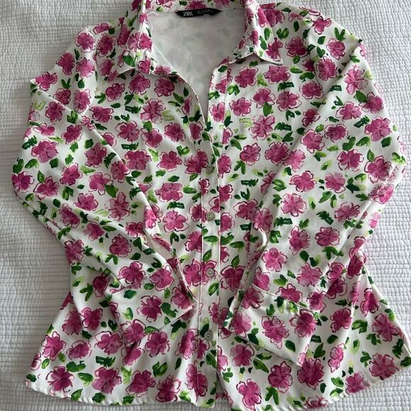 Zara Women’s Floral White with Vibrant Pink Button Down Top Blouse Size Large - Picture 15 of 15